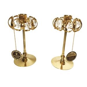 Vintage Pair of Lycenta 24 Ct Gold-Plated Candle Holders w/ Teardrop Crystals